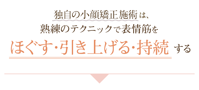 独自の小顔矯正施術は、熟練のテクニックで表情筋をほぐす・引き上げる・持続する